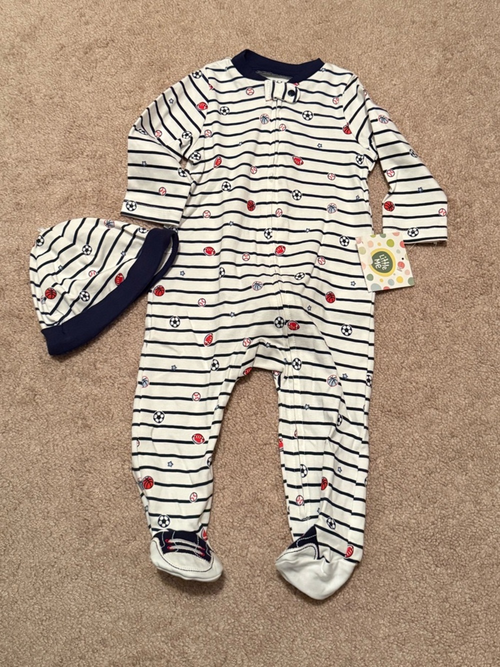 Little Me Navy & White Striped One-Piece Footie with Hat